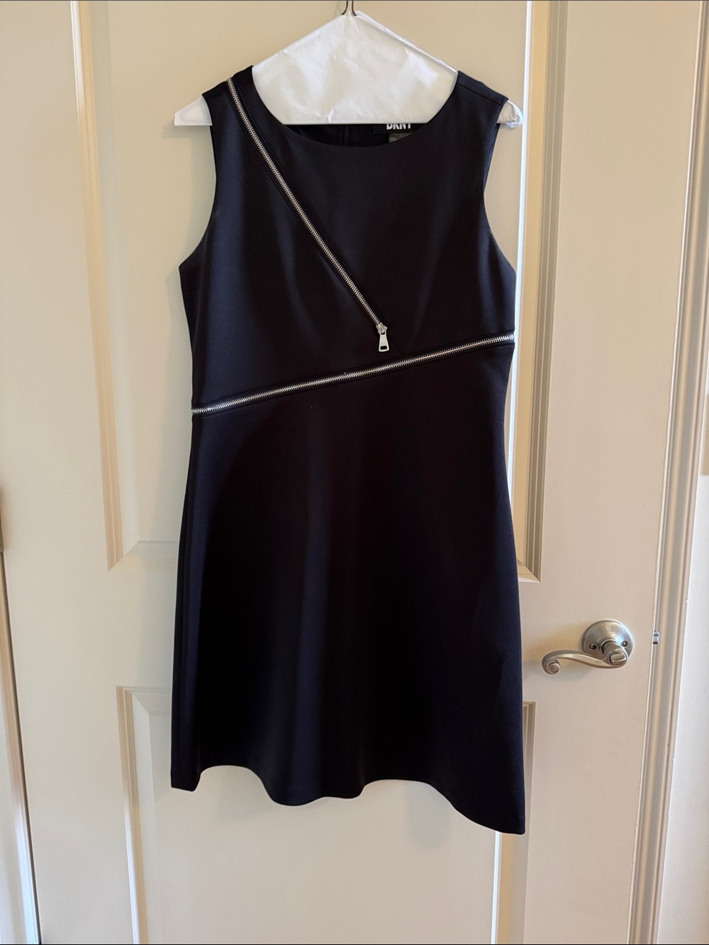 DKNY Black Mini Dress with Silver Zipper Accents. Size 8